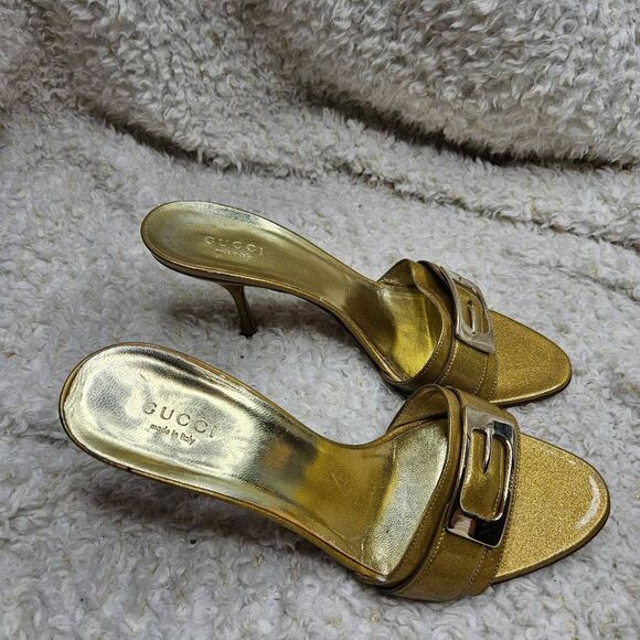 Gucci Gold Glitter Patent Leather Open Toe Slide Heeled Sandals size 37.5‎ - Picture 1 of 12